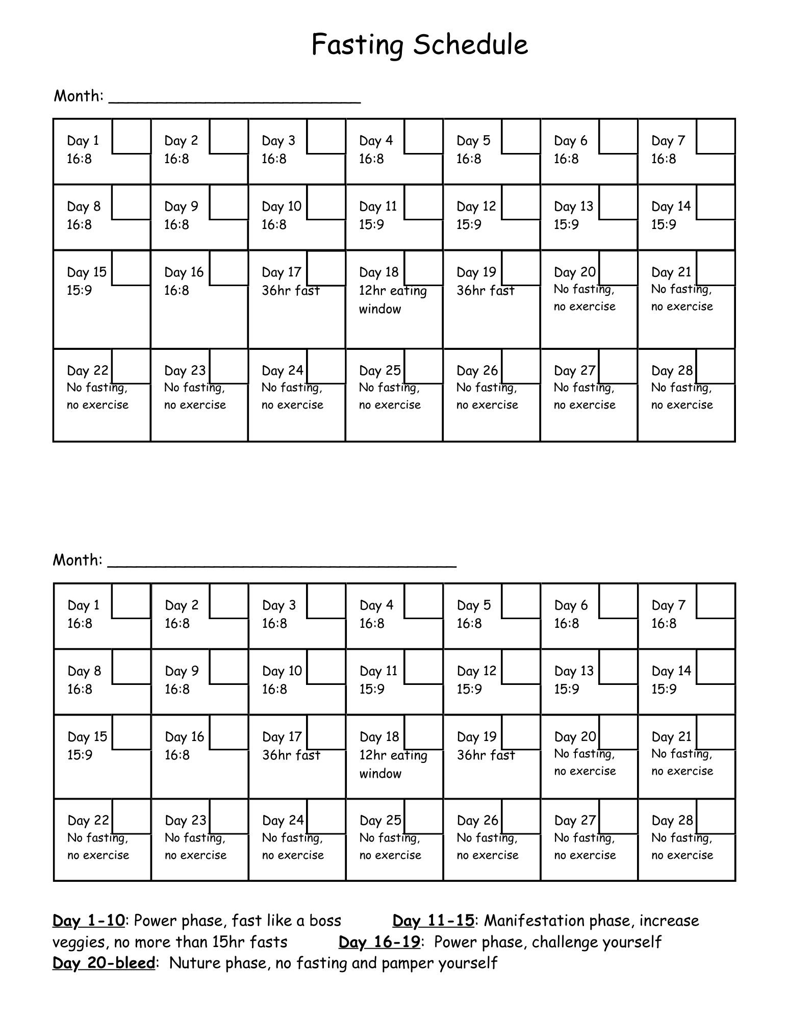 Two Month Fasting Calendar, Intermittent Fasting, 28-day Cycle, Downloadable, Printable, Weight Loss Journey, Cycle Tracking - Etsy