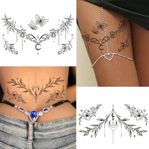 May include: Black temporary tattoos featuring floral and butterfly designs. The tattoos include crescent moons, stars, and delicate hanging lines. The designs are suitable for various body placements, including the thigh, back, and waist.