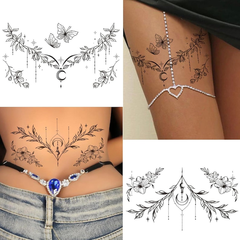 May include: Black temporary tattoos featuring floral and butterfly designs. The tattoos include crescent moons, stars, and delicate hanging lines. The designs are suitable for various body placements, including the thigh, back, and waist.