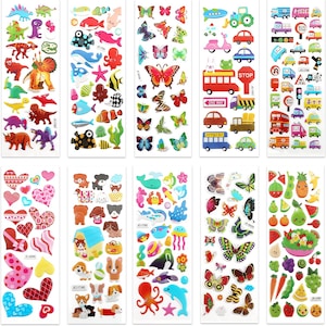 May include: A sheet of colorful stickers featuring various themes, including dinosaurs, sea creatures, butterflies, vehicles, animals, and fruit. The stickers are perfect for adding a touch of whimsy to crafts, journals, and more.
