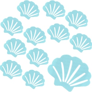 May include: A collection of twelve light blue seashell-shaped cutouts arranged in a scattered pattern. Each cutout features a textured surface with a series of radiating white lines that mimic the natural ridges found on a scallop shell.