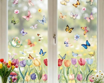 9 Sheets Spring Window Clings | Flower & Butterfly Reusable Window Stickers for Easter Classroom Decor