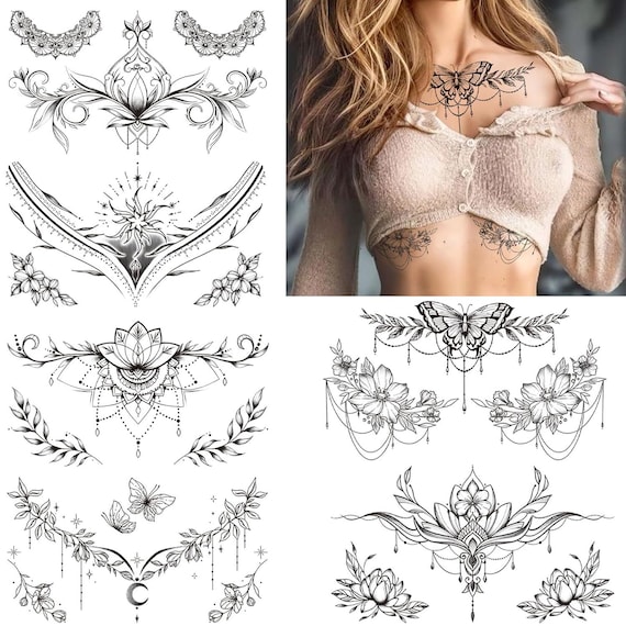 10 Sheets Large Mandala Flower Temporary Tattoos | Realistic Black Chest & Back Body Art Stickers