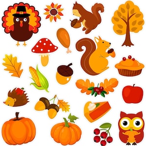 May include: A set of colorful fall-themed stickers featuring a turkey, squirrels, pumpkins, acorns, leaves, a mushroom, a pie, a sunflower, and an owl.