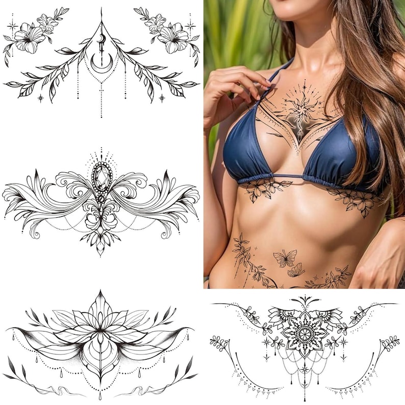 May include: Black and white temporary tattoo designs. The image shows several intricate floral and ornamental tattoo designs, including a lotus flower, a crescent moon, and a mandala. The designs are displayed on a white background and on a person's body.