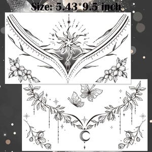 May include: Two temporary tattoo sheets featuring black and white celestial and floral designs. One sheet has a sunburst, floral accents, and geometric patterns. The other sheet includes butterflies, a crescent moon, and botanical elements. Size: 5.43*9.5 inch.