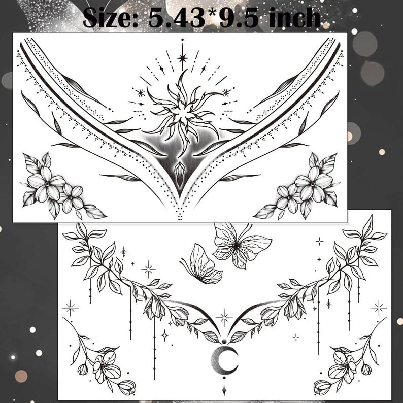 May include: Two temporary tattoo sheets featuring black and white celestial and floral designs. One sheet has a sunburst, floral accents, and geometric patterns. The other sheet includes butterflies, a crescent moon, and botanical elements. Size: 5.43*9.5 inch.