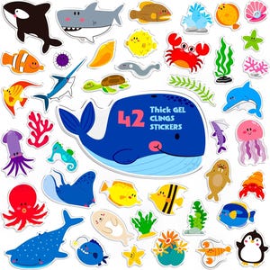 May include: A collection of 42 thick gel clings stickers featuring various sea creatures. The stickers include a whale, shark, fish, crab, octopus, and other marine life in bright colors. The text "Thick Gel Clings Stickers" is visible.