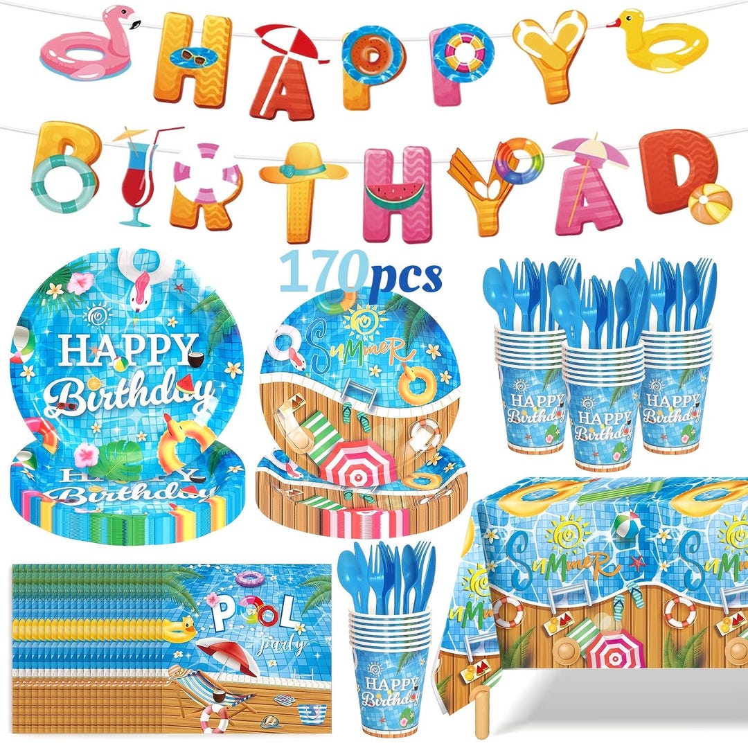 Pool Party Pack 170PCS Summer Pool Party Supplies Set Birthday Decorations Tableware ...