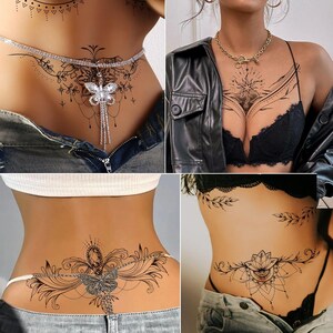 May include: A collage of temporary tattoo designs. The tattoos feature intricate black line art, including floral, butterfly, and geometric patterns. Some designs are placed on the chest, back, and waist, offering a variety of placement options for body art.