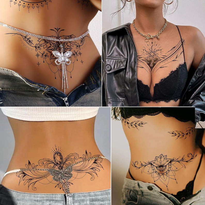May include: A collage of temporary tattoo designs. The tattoos feature intricate black line art, including floral, butterfly, and geometric patterns. Some designs are placed on the chest, back, and waist, offering a variety of placement options for body art.