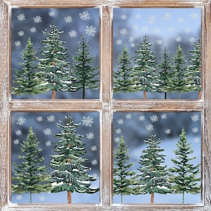 May include: A wooden window frame with four panes, each depicting a winter scene. Green evergreen trees are dusted with snow, set against a blue and gray background with falling snowflakes. The frame has a rustic, weathered appearance.