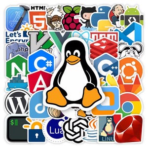 May include: A collection of colorful stickers featuring software and programming logos. Includes a black and white penguin, the Linux mascot, surrounded by logos for HTML5, Python, C#, and more. Ideal for laptops, water bottles, or notebooks.