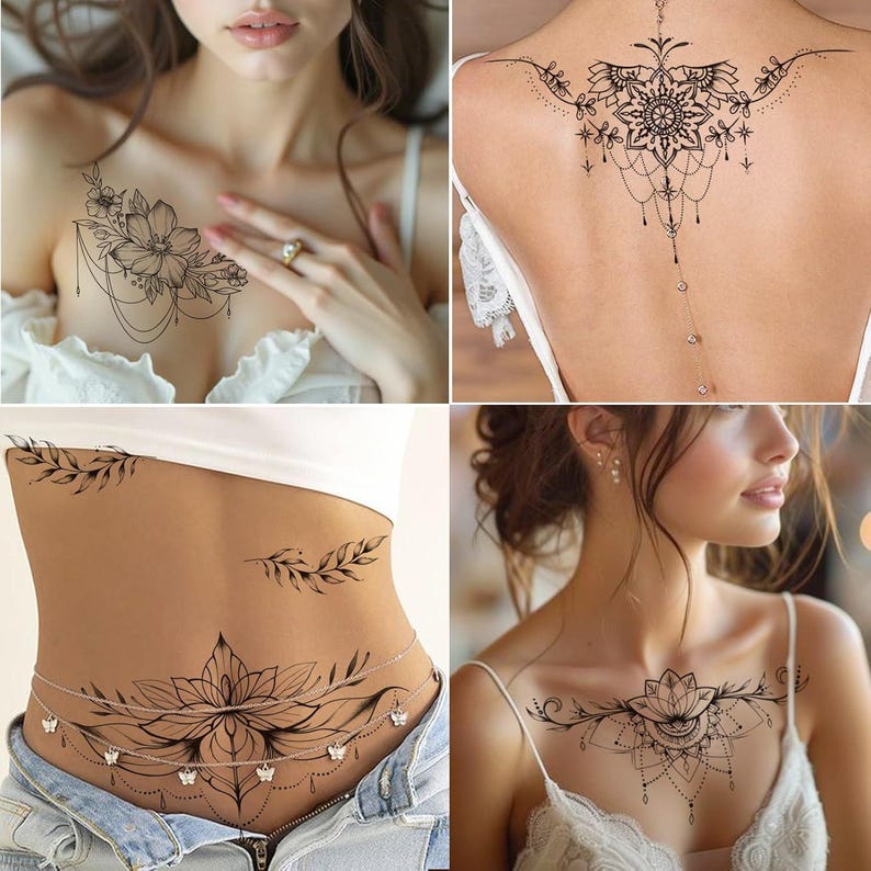 May include: A collection of temporary tattoo designs featuring intricate floral and ornamental patterns. The designs include a chest piece with flowers, a back piece with a mandala, and belly and chest pieces with lotus flowers.