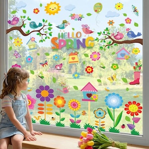 May include: A window decorated with colorful spring-themed stickers. The design includes birds, flowers, butterflies, and the words "Hello Spring." A young girl is looking at the window. A bouquet of tulips sits on the windowsill.