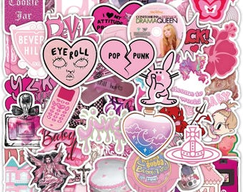 May include: A collection of pink stickers with various designs and text. The stickers include hearts, a bunny, a perfume bottle, a phone, and the words "Eye Roll," "Pop Punk," and "Cookie Jar."