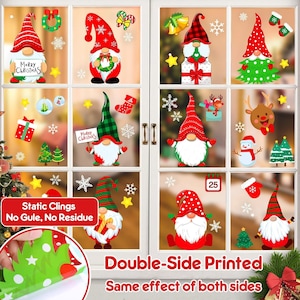 May include: A set of 12 double-sided Christmas window clings featuring gnomes, reindeer, snowmen, and Christmas trees. The clings are static cling and do not require glue or residue. The text on the clings reads "Merry Christmas".