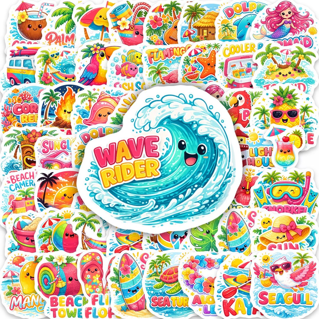 50PCS Hawaiian Beach Stickers Tropical Vinyl Decals for Laptop Water ...
