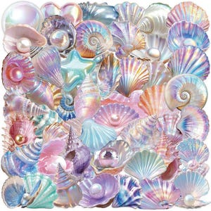 May include: A collection of iridescent seashells in various shapes and sizes, many featuring smooth, lustrous pearls nestled inside. The shells display a spectrum of pastel colors including pink, blue, purple, and gold with a shimmering finish.