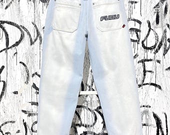 Vaqueros Fubu Care Over Bleached Blue para hombre, talla L, logo bordado, estilo hip hop