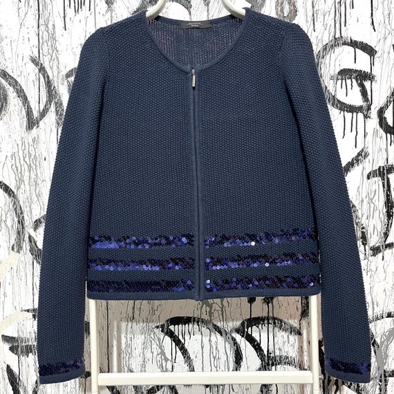 Weekend Max Mara, Weekend Max Mara Zip Sweater Knit Blue Womens Size XS Crew Neck Cropped Cotton