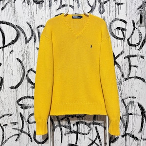 Vintage Polo Ralph Lauren Mens Sweater Medium Knit V-Neck Yellow Cotton