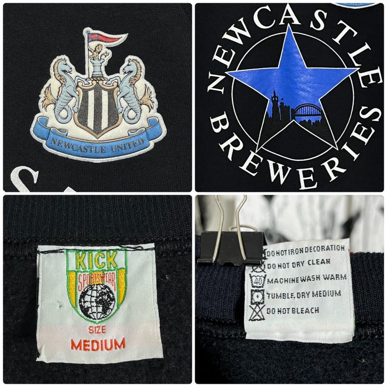 May include: Black sweatshirt featuring the Newcastle United crest and a Newcastle Breweries logo. The crest includes two seahorses and a shield. The sweatshirt has a "Kick Sportswear" tag with a "Medium" size label. Care instructions are also visible.