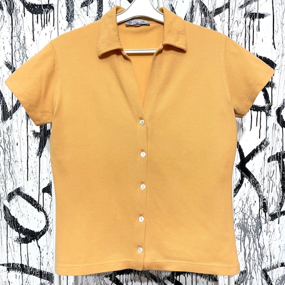 Loro Piana, Vintage Loro Piana Polo Shirt Womens 44 Yellow Button Up Short Sleeve V-Neck 392