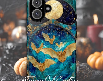 Halloween vleermuizen glas-in-lood telefoonhoesje voor iPhone Galaxy Pixel Celestial Mystical Magic Moon and Stars Goth Dark Academia Spookachtige stijl
