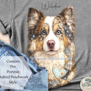 Custom Pet Portrait T-Shirt, Quilted Patchwork Style Art, Personalized Name Tee, Pet Memorial Gift, Pet Picture Shirt Mom Mother's Day