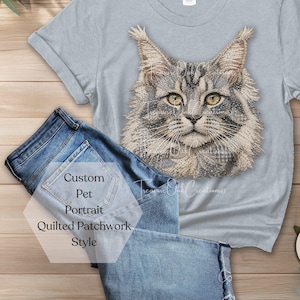 Custom Pet Portrait T-Shirt Faux Quilted Patchwork Style Personalized Name Keepsake Pet Memorial Loss Mother's Day Mom Wife Birthday Gift