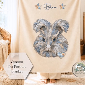 Any Pet Custom Portrait Blanket Quilted Patchwork Art Style, Personalized Name Throw Sofa Car Bed Crate Pet Picture Memorial Keepsake Gift