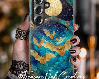 Telefoonhoesje met gebrandschilderd glas vleermuizen, mystiek hemels ontwerp, Goth Dark Academia-stijl, iPhone Samsung Galaxy Google Pixel