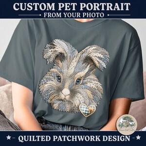Custom Pet Patchwork Portrait T-Shirt, Faux Quilted Art, Personalized Dog Cat Name Tee, Memorial Keepsake, Pet Picture Shirt