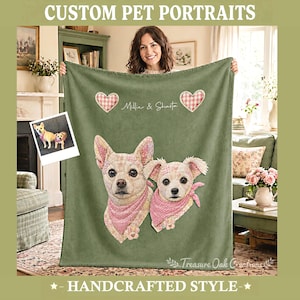 May include: A green blanket featuring custom pet portraits. The blanket displays two dog portraits with pink bandanas and heart accents. Text at the top reads "CUSTOM PET PORTRAITS" and "Millie & Shasta". The bottom text reads "HANDCRAFTED STYLE".