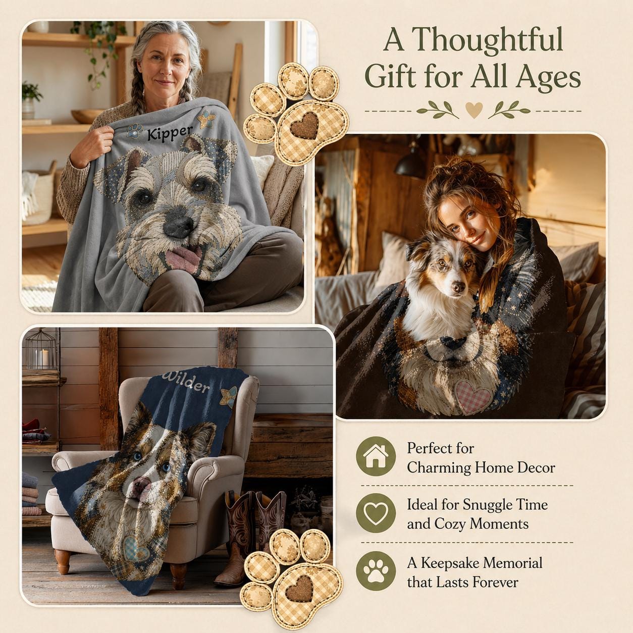 Custom Pet Portrait Blanket, Patchwork Quilt Style Art Pet Lover Dog Mama Keepsake Gift, Gotcha Adoption Day or Memorial Gift