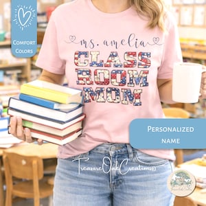 Personalized Classroom Mom T-Shirt, Americana Faux Quilted Patchwork, Red White Blue, Field Trip Apparel, School Mother Appreciation Gift