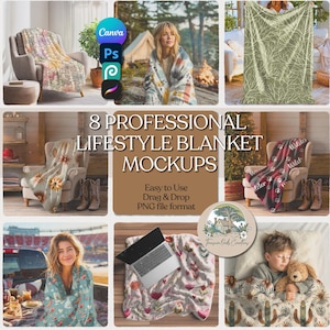 Puede incluir: Imagen que muestra ocho maquetas profesionales de mantas de estilo de vida. Las mantas presentan varios diseños, incluyendo patrones florales, de hojas y del suroeste. La imagen incluye el texto "8 PROFESSIONAL LIFESTYLE BLANKET MOCKUPS" y "Easy to Use Drag & Drop PNG file format."