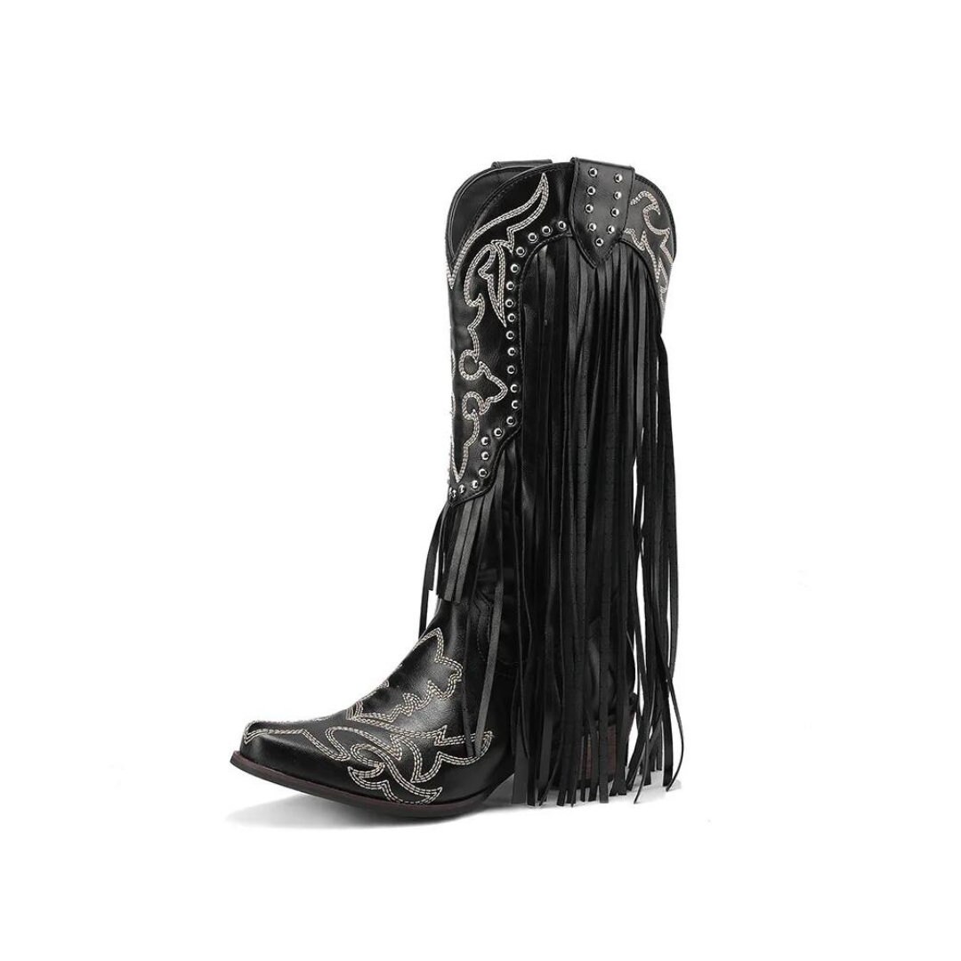 Black Fringe Cowboy Boots, Tassel Cowgirl Boots, Western Boots, Embroidered Cowboy Boots