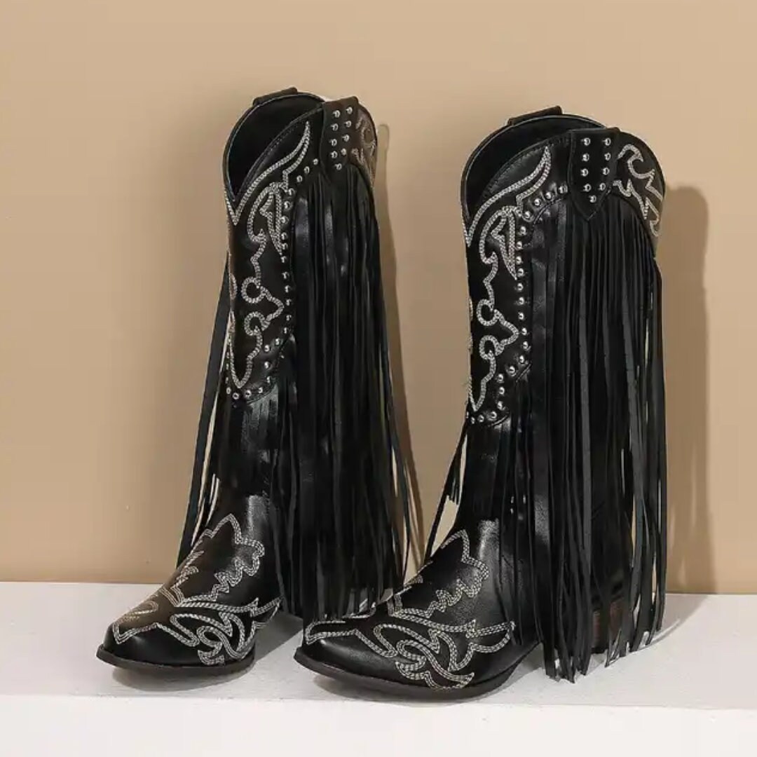 Black Fringe Cowboy Boots, Tassel Cowgirl Boots, Western Boots, Embroidered Cowboy Boots