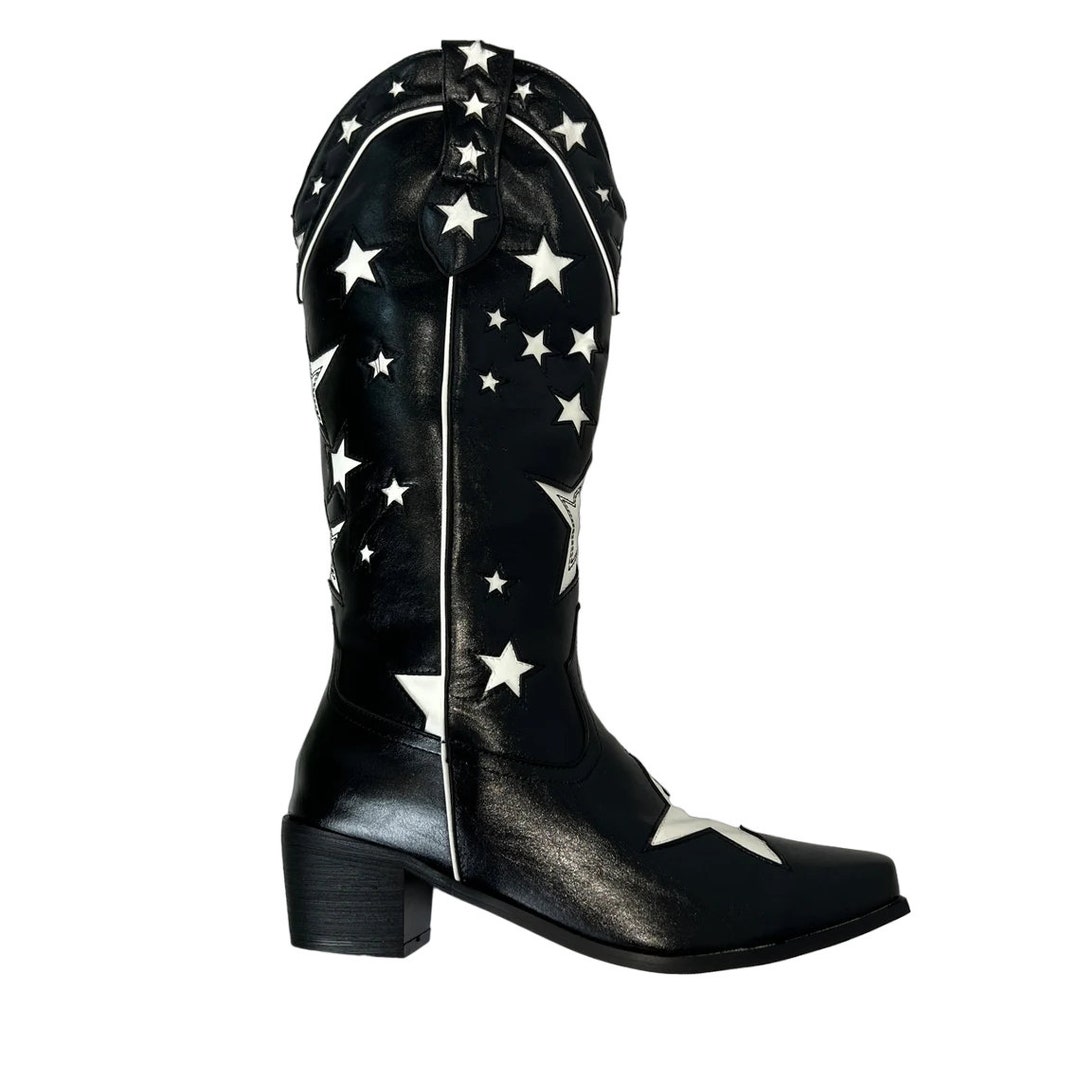 Black Cowgirl Boots Star Cowboy Boots Western Knee High Etsy