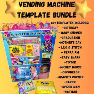 Könnte beinhalten: Ein digitaler Download von über 60 Canva-Vorlagen für Verkaufsautomaten. Die Vorlagen bieten verschiedene Themen, darunter Geburtstag, Babyparty, Abschlussfeier, Muttertag, Lilo & Stitch, Peppa Pig, Babyhai, TikTok, Mickey Mouse, Cocomelon, Gracies Ecke, Barbie, Spider-Man, Batman und mehr. Die Vorlagen sind einfach zu bedienen und können ausgedruckt oder mit Bildern und anderen Elementen bearbeitet werden.