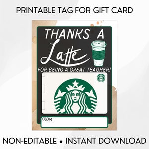 Danke ein Latte, Starbucks-Kaffee-Geschenkkartenanhänger, Geschenkanhänger zur Wertschätzung des Lehrers, Paraprofessional, Tutor, Vorschule