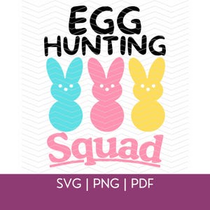 May include: A graphic design featuring three pastel-colored bunny silhouettes with the text "Egg Hunting Squad" in black. The bunnies are blue, pink, and yellow.