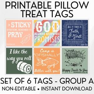 May include: Set of six printable pillow treat tags with various designs and inspirational quotes. The tags feature a variety of colours, including green, blue, orange, yellow, and pink. The tags are perfect for adding a personal touch to your next party or event.