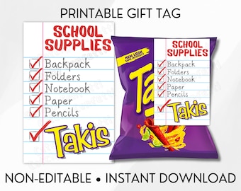 Etiqueta de regalo de regreso a la escuela de Takis - Los útiles escolares incluyen Takis - No editable - Descarga instantánea