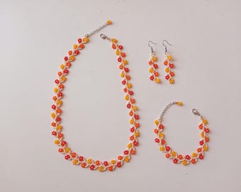 Handmade Orange Beaded Flower Jewelry Set