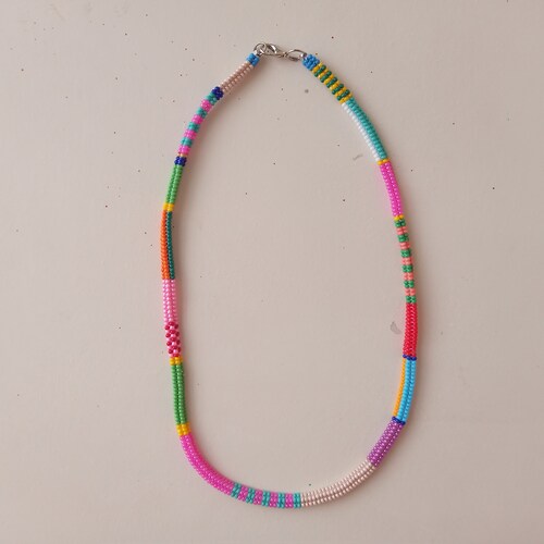 Handwoven Sand Bead Necklace, Boho Hippie Style, Colorful Jewelry