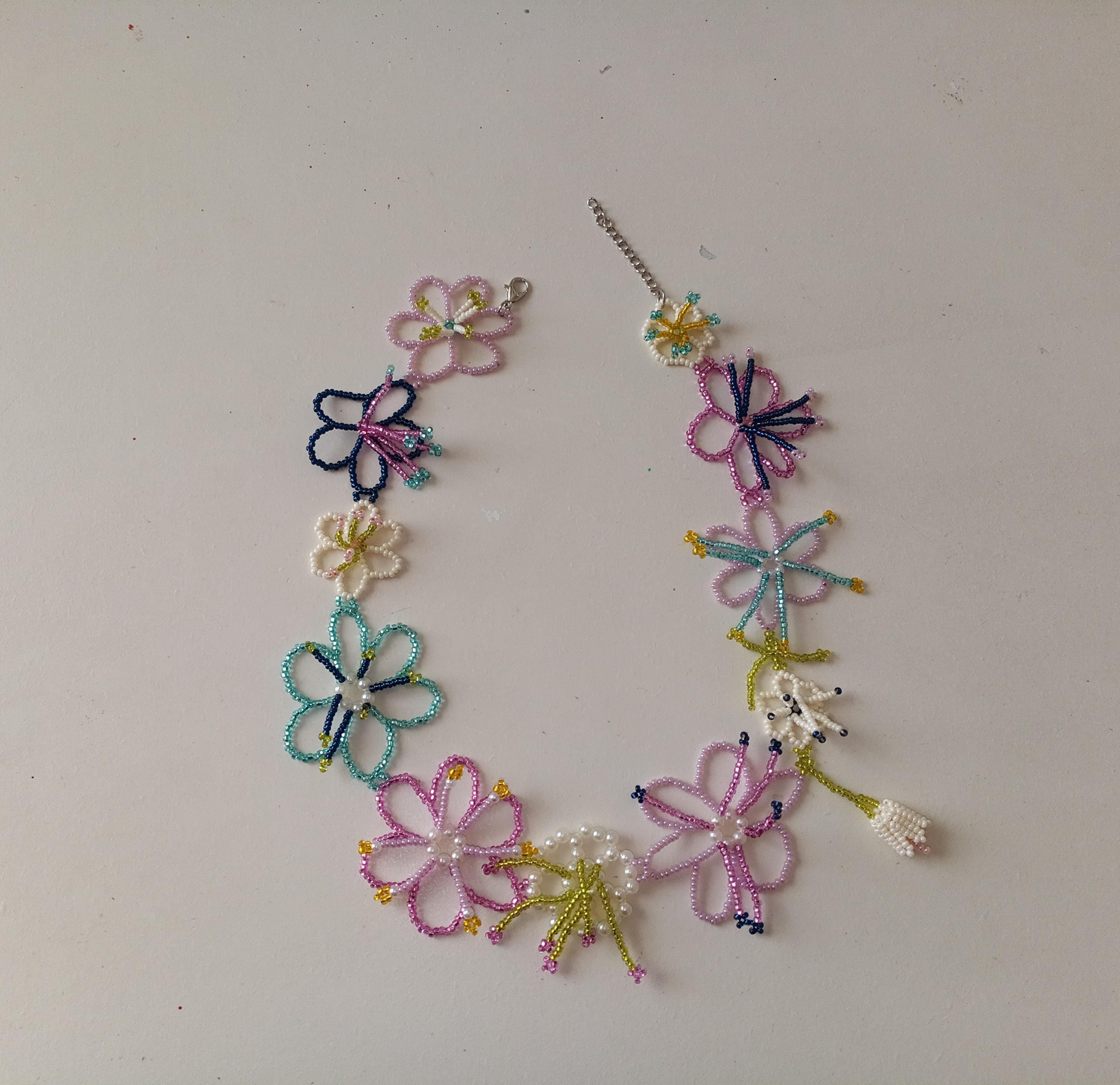 Beaded Flower Necklace, Colorful Flower Necklace, Hand Woven, Accessory, Beaded Jewelry