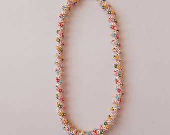 Beaded Flower Necklace, Colorful Seed Bead Jewelry, Handmade Floral Necklace
